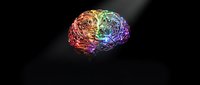 Colorful rainbow brain with glowing neural networks on dark background representing artificial intelligence, creativity, mental health and cognitive science concepts.