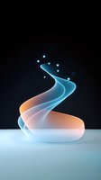 Glowing spiral light trail with blue and orange gradient effects against dark background, floating particles create magical atmosphere on white surface.