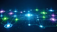 Futuristic digital network with glowing nodes and connections on dark blue background. Technology concept for blockchain, data transfer and connectivity.