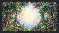Enchanted forest portal with magical glowing trees, mystical fairy tale landscape, fantasy woodland scene with luminous center opening for storytelling.