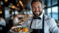 Cheerful Caucasian male waiter in formal attire presenting gourmet dish at upscale restaurant. Professional hospitality service with genuine smile and modern interior setting.