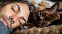 Young Asian woman sleeping peacefully with brown cat on soft blanket, faces close together showing bond between human and pet, natural light, cozy home atmosphere.