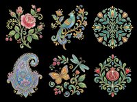 Six colorful embroidery style floral and nature motifs isolated on transparent background, ready for t-shirt design, stickers, sublimation, and print on demand use.