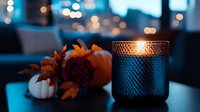 Autumn table decoration with glowing candle, pumpkins and fall leaves creating cozy seasonal atmosphere for home interior design and holiday celebrations.