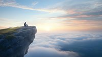 Silhouette of person sitting on mountain cliff edge above clouds at sunset, contemplating majestic aerial view. Spiritual and mindful moment in nature.