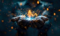 Cupped hands holding glowing magical energy with sparkling particles and warm light effects against dark blue background for fantasy designs.