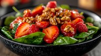 Sliced strawberries and granola on fresh spinach leaves in a black bowl, ready for healthy breakfast or nutritious meal preparation.
