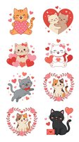 Cute cats with hearts and love symbols, isolated on white background, ready for Valentine's Day designs, greeting cards, t-shirts, stickers, and clipart projects.