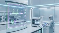 Futuristic laboratory with scientist using holographic interface and advanced medical equipment in sterile white environment for research applications.