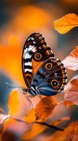 Vibrant blue butterfly with orange eyespots perched on autumn leaves against blurred orange background, showcasing intricate wing patterns in macro photography.