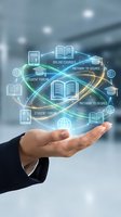 Close-up of male hand in business suit holding glowing holographic education network with interconnected icons for online courses, student forums, and degree pathways in modern learning environment.