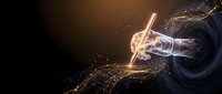 Futuristic digital hand holding glowing pen creating luminous writing trails with particle effects and energy streams on dark background for technology concepts.