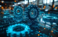 Glowing blue digital gears on circuit pattern background with bokeh lights, representing automation, artificial intelligence and digital transformation process.