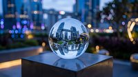 Crystal sphere reflecting illuminated cityscape at dusk, urban skyline with bokeh lights, modern architecture mirrored in glass ball on pedestal for business, technology, and vision concepts.