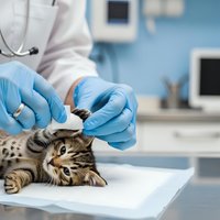Veterinarian examining tabby kitten ears during medical checkup at modern animal clinic with stethoscope and blue gloves for pet healthcare and treatment.