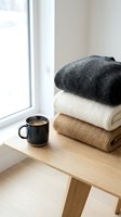 Cozy windowsill scene with stacked knit sweaters in charcoal, cream and tan beside steaming black mug, perfect for lifestyle, home decor and hygge content.
