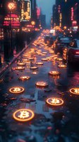 Glowing cryptocurrency symbols float on wet city street reflecting neon lights and urban nightlife, creating futuristic atmosphere in rainy downtown setting.