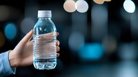 Hand holding clear plastic water bottle against blurred bokeh lights background, demonstrating hydration and refreshment concept in modern urban setting.