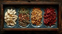 Assorted dried mushrooms and chili peppers arranged in vintage wooden box compartments, showcasing variety of textures and natural food ingredients for cooking.