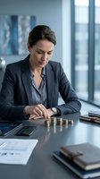 Professional businesswoman counting coins at office desk with financial documents and tablet for budget planning and investment analysis.