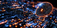 Glowing digital sphere with circuit patterns floating above futuristic technology grid with orange and blue light effects on dark background.