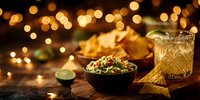 Fresh guacamole in bowl with tortilla chips and cocktail on rustic table with festive bokeh lights in background.