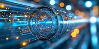 Futuristic glass tunnel with glowing blue light beams and orange bokeh effects, abstract technology background for digital communications and data transfer.