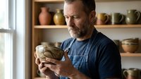 Middle-aged Caucasian male potter examining handcrafted ceramic bowl in artisan workshop studio with pottery collection on wooden shelves background.
