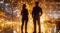 Young couple silhouetted against glowing city lights and bokeh reflections on wet pavement, creating romantic urban nighttime atmosphere with golden illumination.