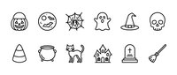 Halloween line icons set with pumpkin ghost witch hat skull black cat haunted house tombstone cauldron spider web candy corn broom isolated on white background.