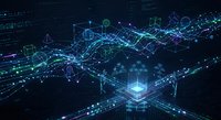 Futuristic digital network with glowing data streams and geometric connections on dark background for technology and cybersecurity concepts.