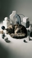 Tabby cat sleeping peacefully among modern geometric shapes and spheres in minimalist studio setting with soft gradient lighting for contemporary design.