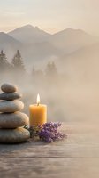 Zen spa composition with stacked stones, burning candle and lavender flowers against misty mountain landscape for wellness and meditation practices.