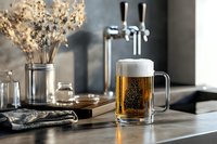 Mug of cold beer with foam head next to draft tap on bar counter, dried flowers in vase, modern pub or restaurant interior design.