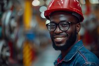 African American industrial worker wearing red hard hat and glasses smiling confidently in manufacturing facility. Professional portrait showcasing diversity in skilled trades.