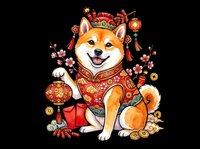 Shiba Inu dog wearing traditional red and gold Chinese festival clothing with lanterns, coins, and decorative elements isolated on transparent background, ready for t-shirts, stickers, and print-on-demand designs.