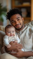 Young African American father holding smiling baby in matching cream sweaters, sharing tender moment at home. Natural lighting creates warm, intimate atmosphere.