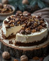 Creamy cheesecake topped with chocolate drizzle, walnuts, chocolate candies and cookie crumbs on rustic wooden cake stand. Dark moody food photography styling.
