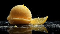 Refreshing citrus sorbet scoop with fresh lemon slice on dark reflective surface with water drops, dramatic lighting creates elegant culinary composition.
