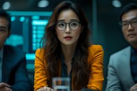 Young Asian businesswoman in orange blazer and glasses at corporate meeting, displaying confidence and professionalism against dark office background.