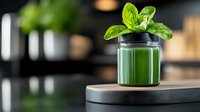 Fresh green smoothie or juice in glass jar with basil leaves on wooden stand against dark kitchen background, healthy detox drink concept.