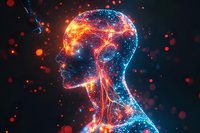 Glowing digital human silhouette with neural network visualization in blue and orange neon colors against dark background with bokeh light effects.