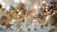 Luxury skincare serum bottle with dropper surrounded by golden ornaments, stars, and festive decorations, ideal for cosmetics, beauty, and holiday marketing campaigns.