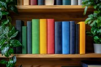 Colorful hardcover books arranged on wooden shelf with green plants, creating cozy home library atmosphere. Books spine view shows rainbow spectrum arrangement.