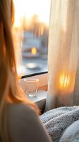 Young woman with blonde hair relaxing by window with warm golden sunset light filtering through sheer curtains creating cozy atmosphere at home.