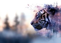 Artistic double exposure of majestic tiger head profile merged with misty forest landscape in purple and blue tones, showing wildlife conservation concept.