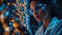 Asian female scientist in lab coat and protective glasses examining glowing DNA helix structure against dark background with blue and orange bokeh lights.