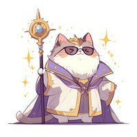 Cute cartoon cat wizard in royal purple robe and glasses holding magical staff with crystal. Fantasy character design with sparkle effects and crown for gaming or children book.