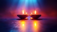 Glowing oil lamps with burning flames casting warm reflections against mystical blue and purple background, creating spiritual ambiance for meditation and peace.