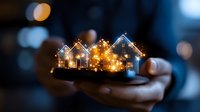 Glowing miniature houses with warm lights resting in cupped hands against dark background, creating magical festive atmosphere for real estate concepts.
